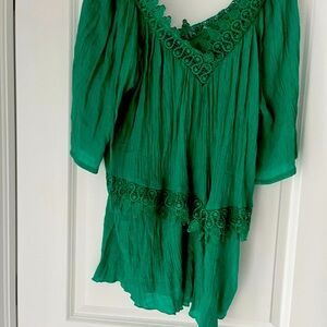 Solid green blouse 2X women short sleeve blouse, lightweight